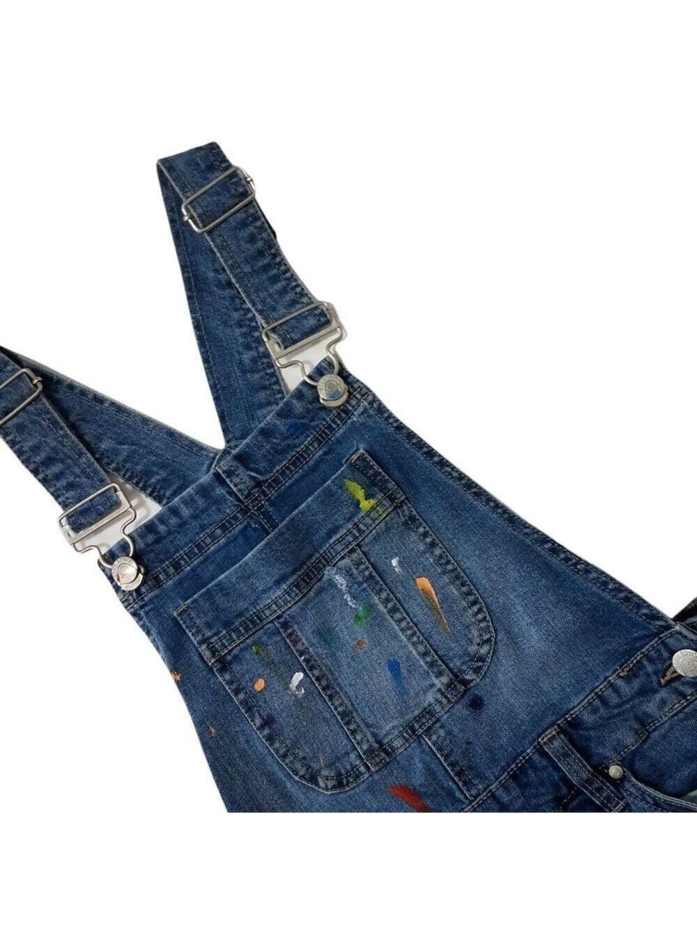 Distressed Denim Bib Overalls Paint Splatter Blue Spice Shortalls Juniors Size 5 - Picture 3 of 7